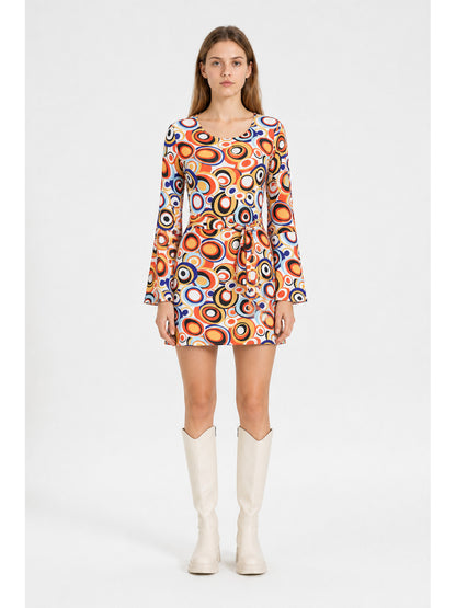 Short Dress with Geometric Print and Flared Sleeves main product view