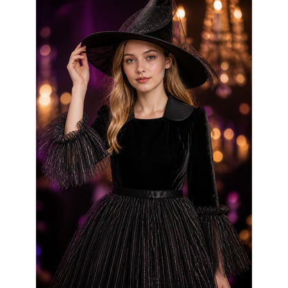 Women & Kids Witch Costume Dress, Black Stripe Halloween Outfit on-model view