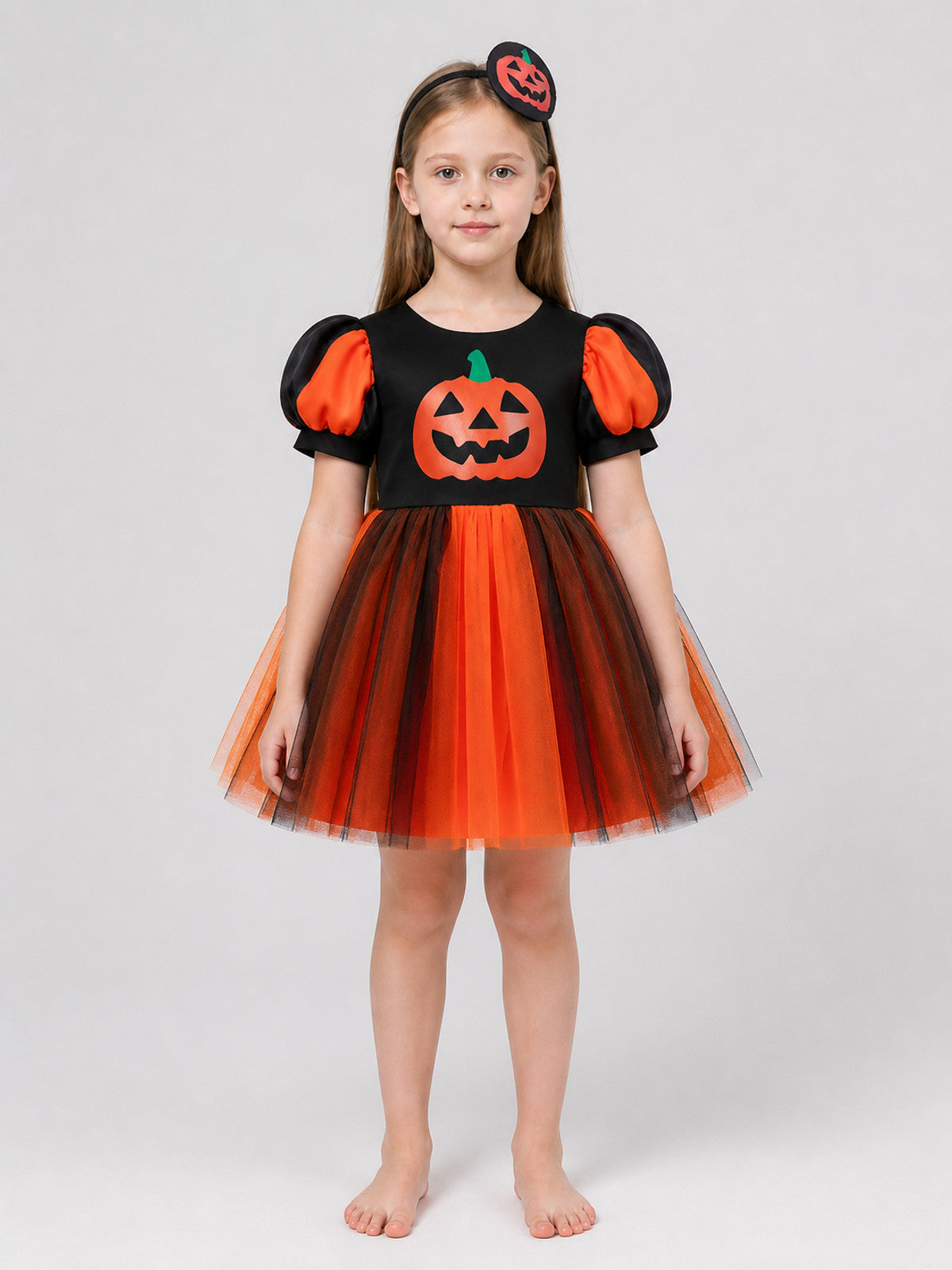 Halloween Pumpkin Dress with Headband, Full Skirt