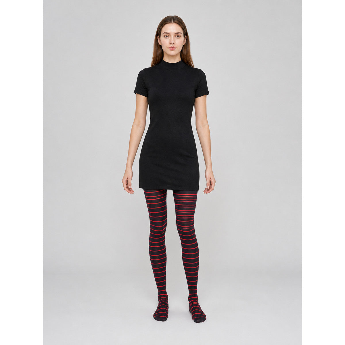 Costume with Red-and-Black Striped Dress and Tights front view