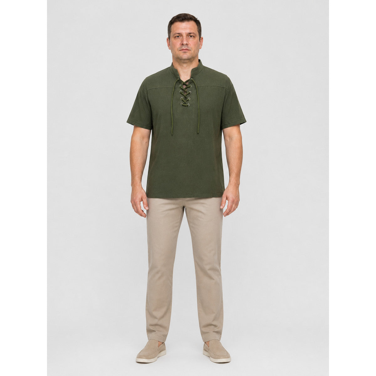 Green Short-Sleeve Lace-Up Shirt on-model view