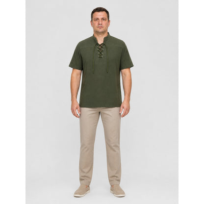 Green Short-Sleeve Lace-Up Shirt on-model view