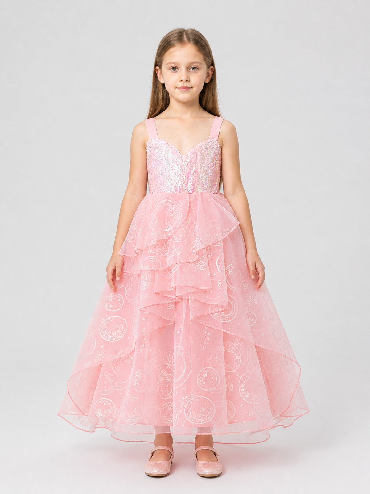 Pink Princess Dress with Sequins and a Full Skirt on-model view
