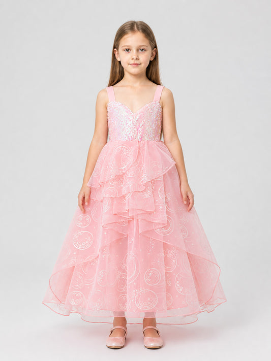Pink Princess Dress with Sequins and a Full Skirt on-model view