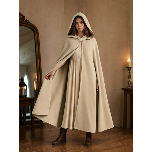 Medieval Hooded Cloak, Pointed Hood Full-Length Draped Cape in Khaki for Cosplay, Fantasy Costumes and Historical-Style Outdoor Outfits