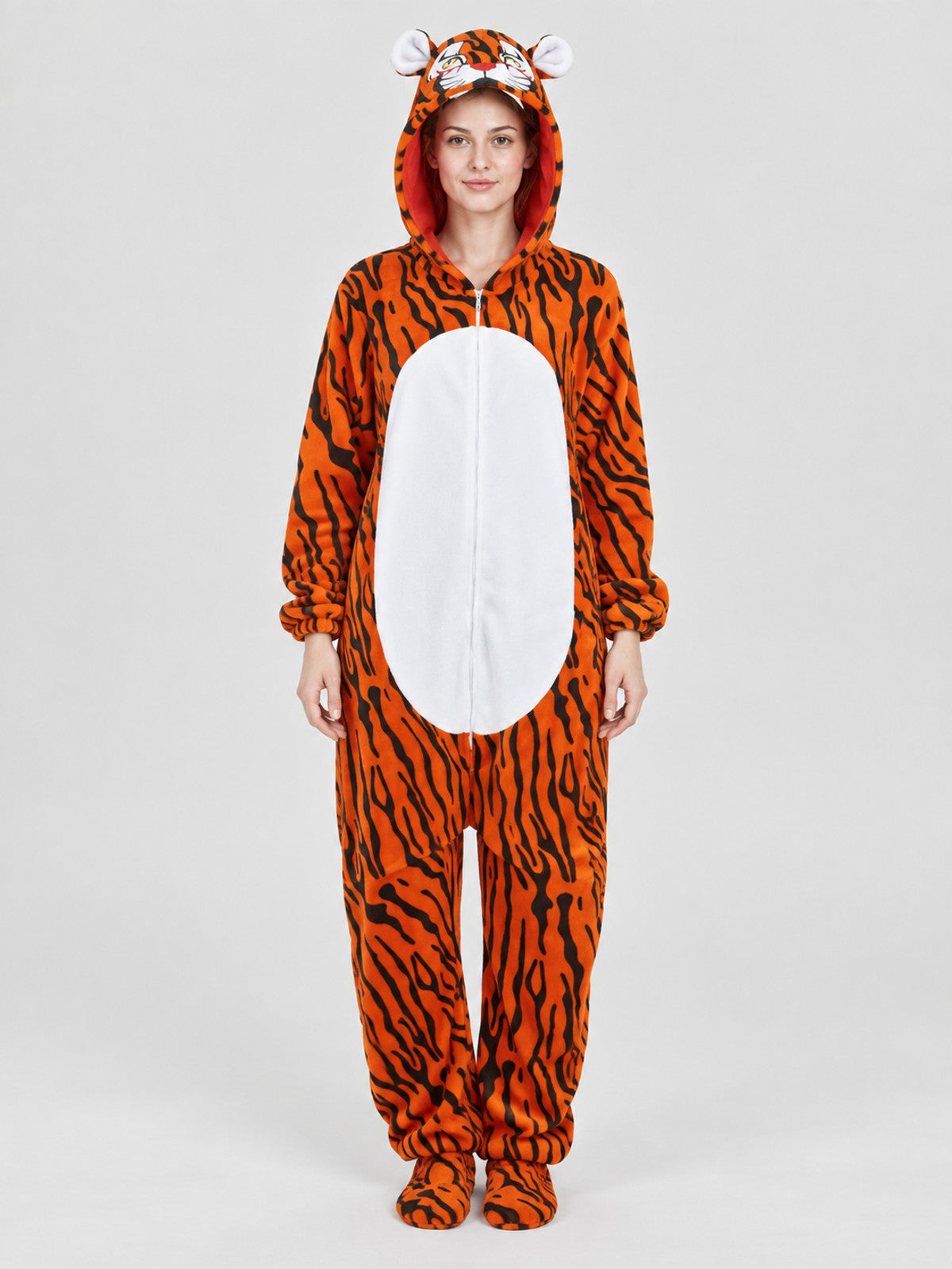 Fleece Hooded Tiger Print Pajama Jumpsuit