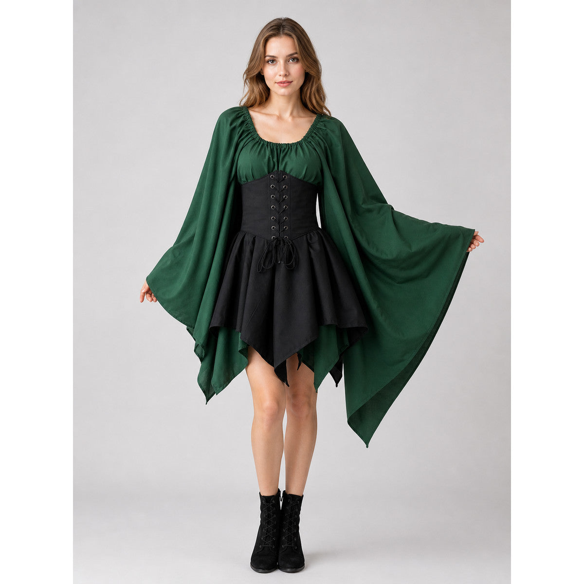 Medieval-style dress with corset lacing on-model view