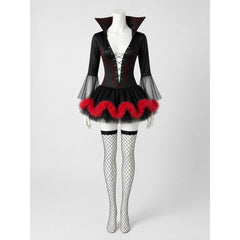 The Halloween costume is designed in a black-and-red color scheme and combines