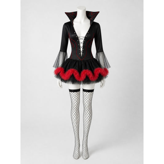 The Halloween costume is designed in a black-and-red color scheme and combines on-model view