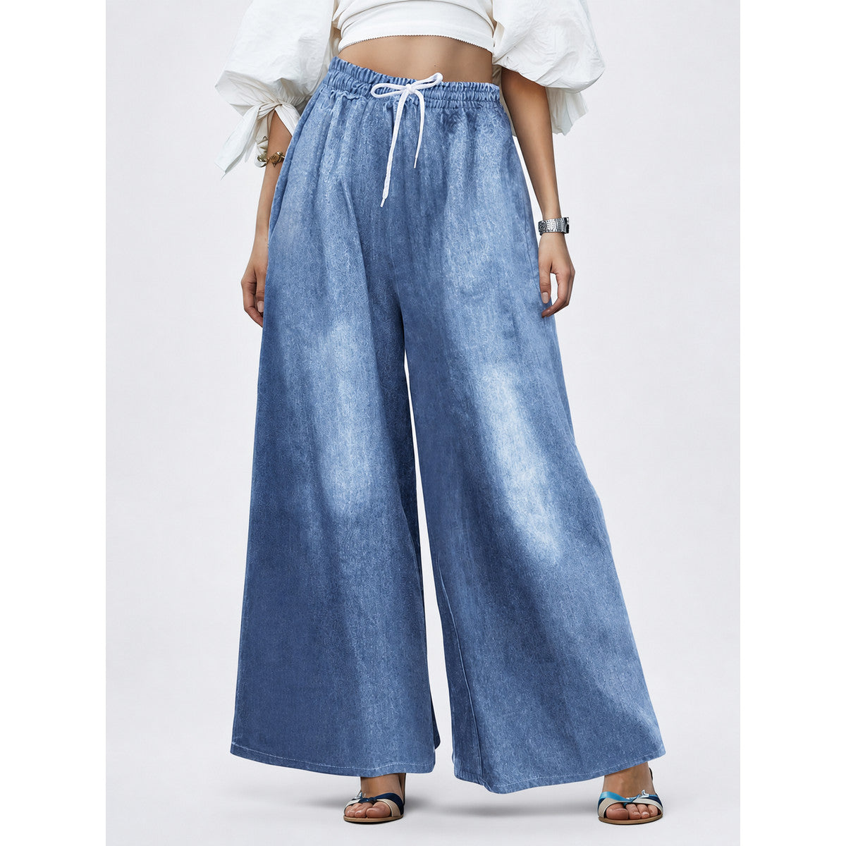 Women's high-waisted wide-leg jeans with a drawstring
