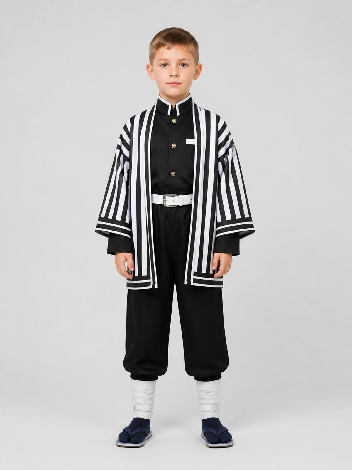 Anime Cosplay Costume, Striped Jacket, Belt, and Pants on-model view