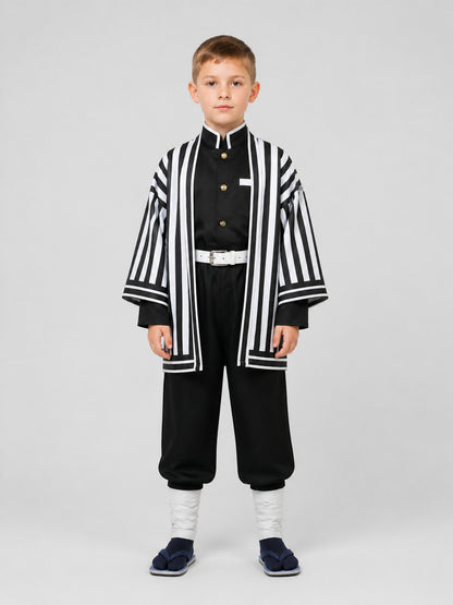 Anime Cosplay Costume, Striped Jacket, Belt, and Pants on-model view
