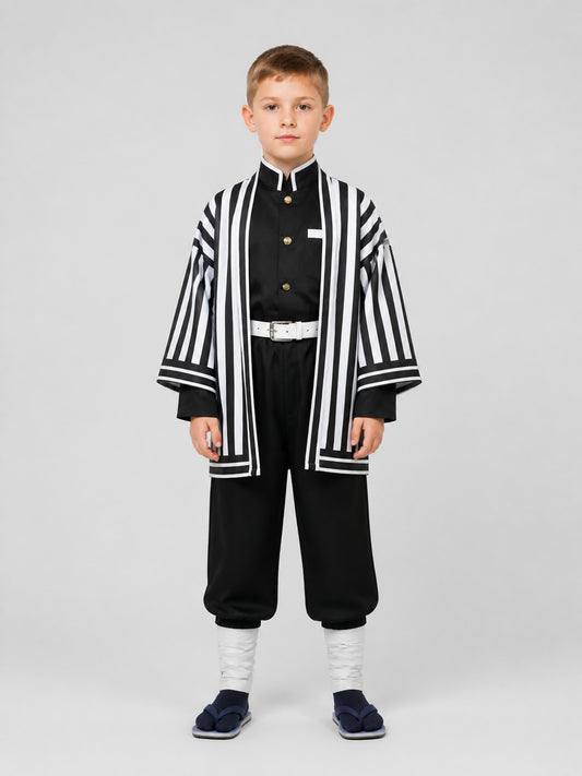 Anime Cosplay Costume, Striped Jacket, Belt, and Pants on-model view