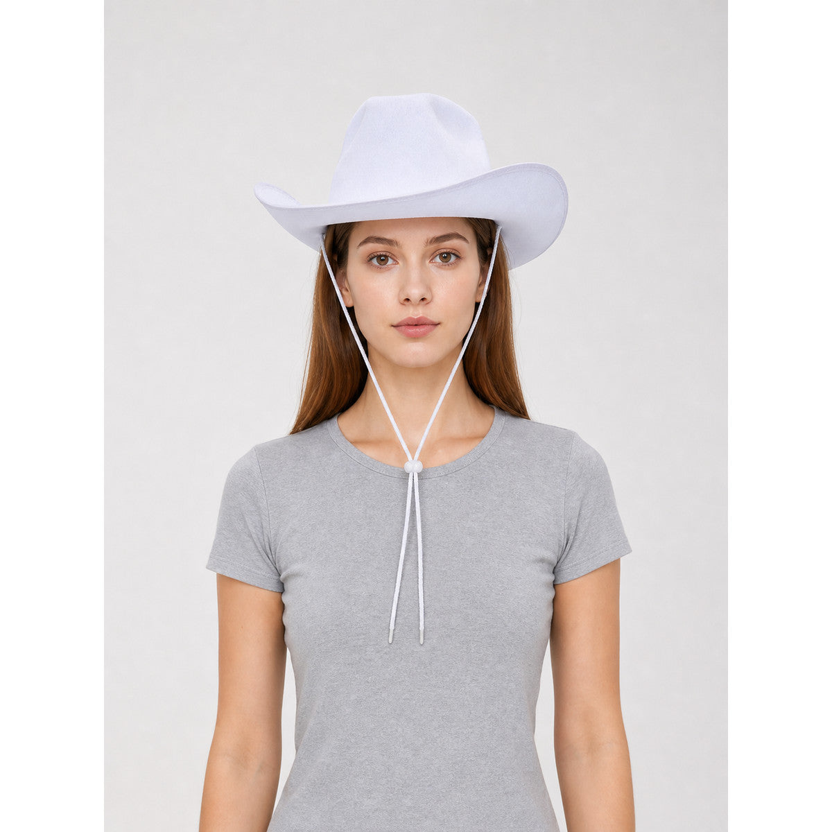 White Cowboy Hat with a Wide Brim and Chin Tie