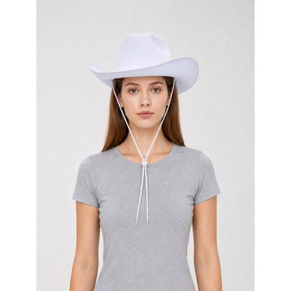 White Cowboy Hat with a Wide Brim and Chin Tie