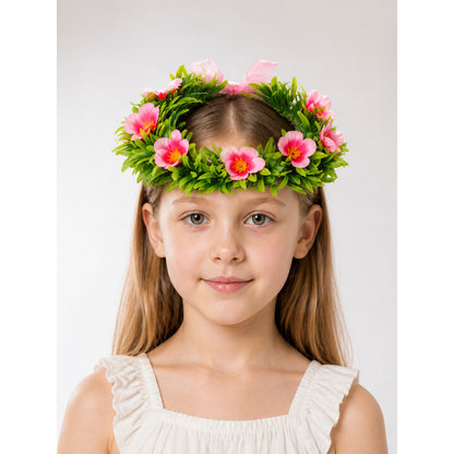Carnival Headband with Pink Flowers and Green Leaves main product view