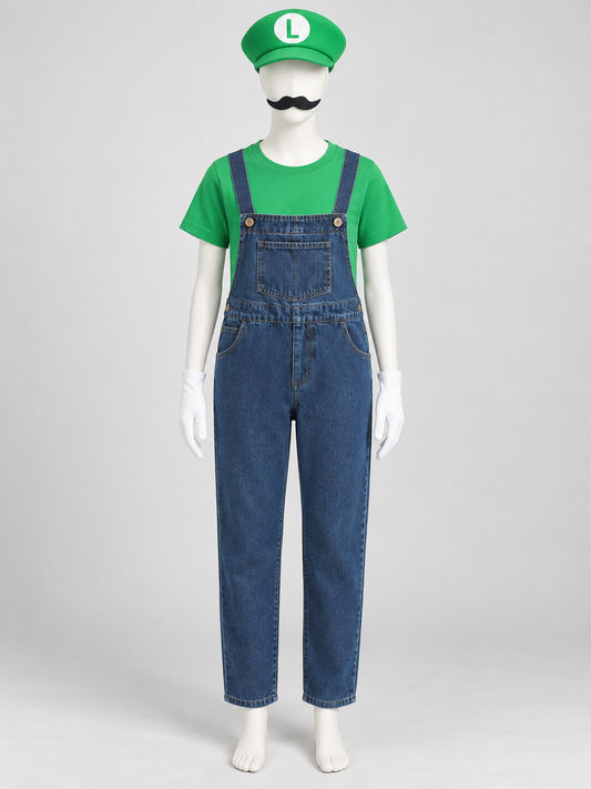 Children’s costume with bib overalls and a cap upper body view