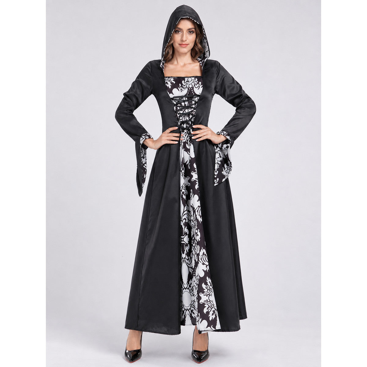 Long Gothic Hooded Dress with Lace-Up Detail