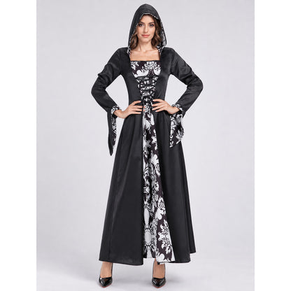 Long Gothic Hooded Dress with Lace-Up Detail
