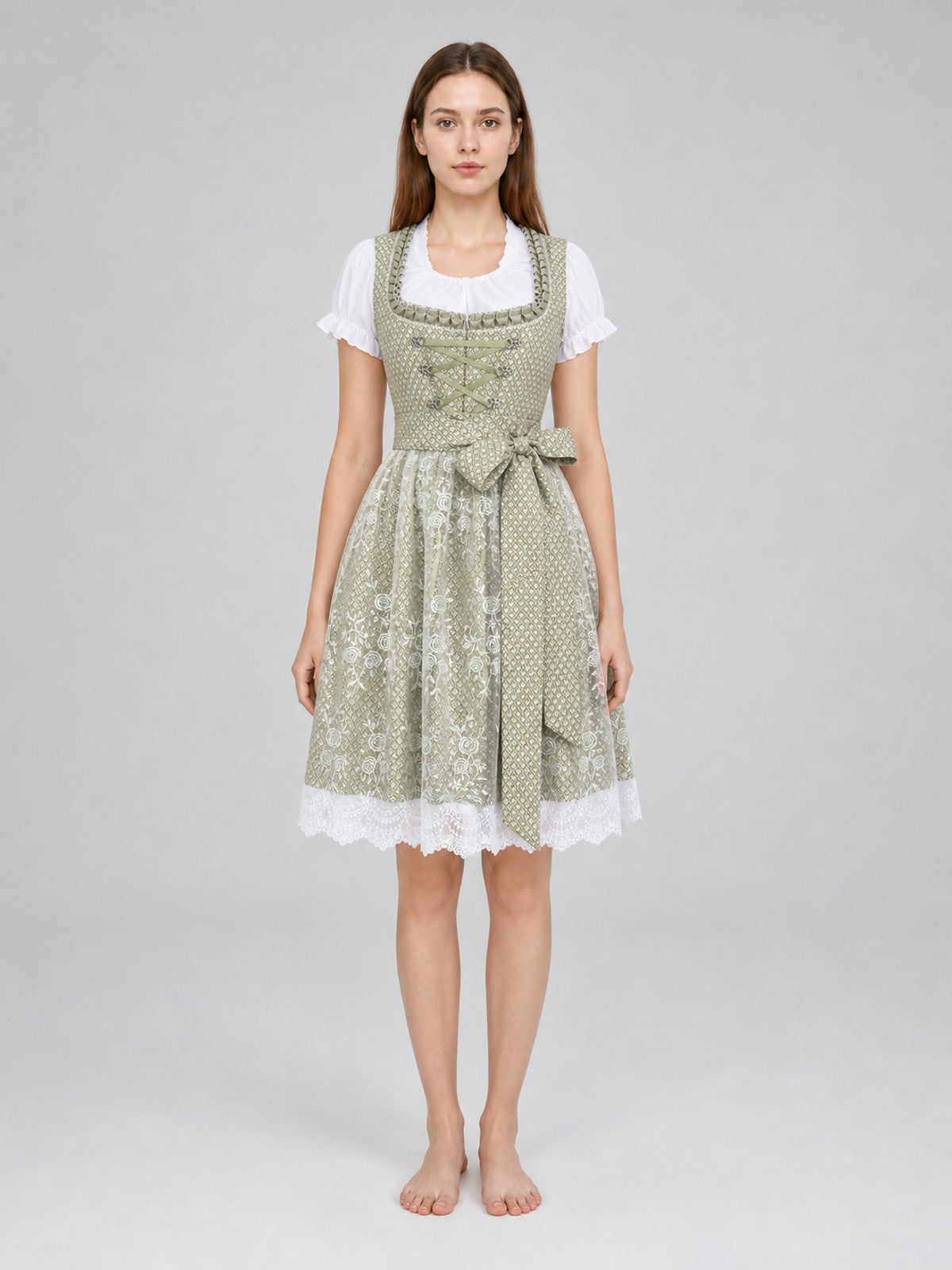 Embroidered and Lace-Trimmed Dirndl Dress for Festivals on-model view