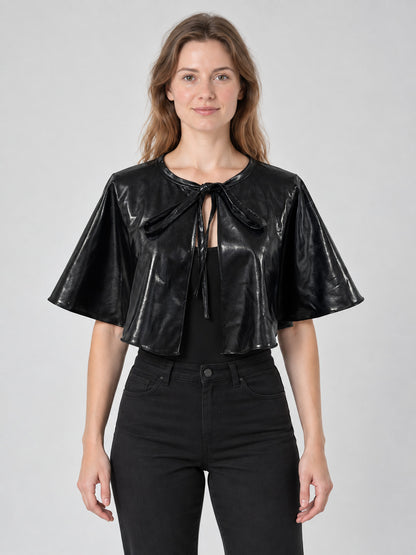 Short black shiny cape with ties