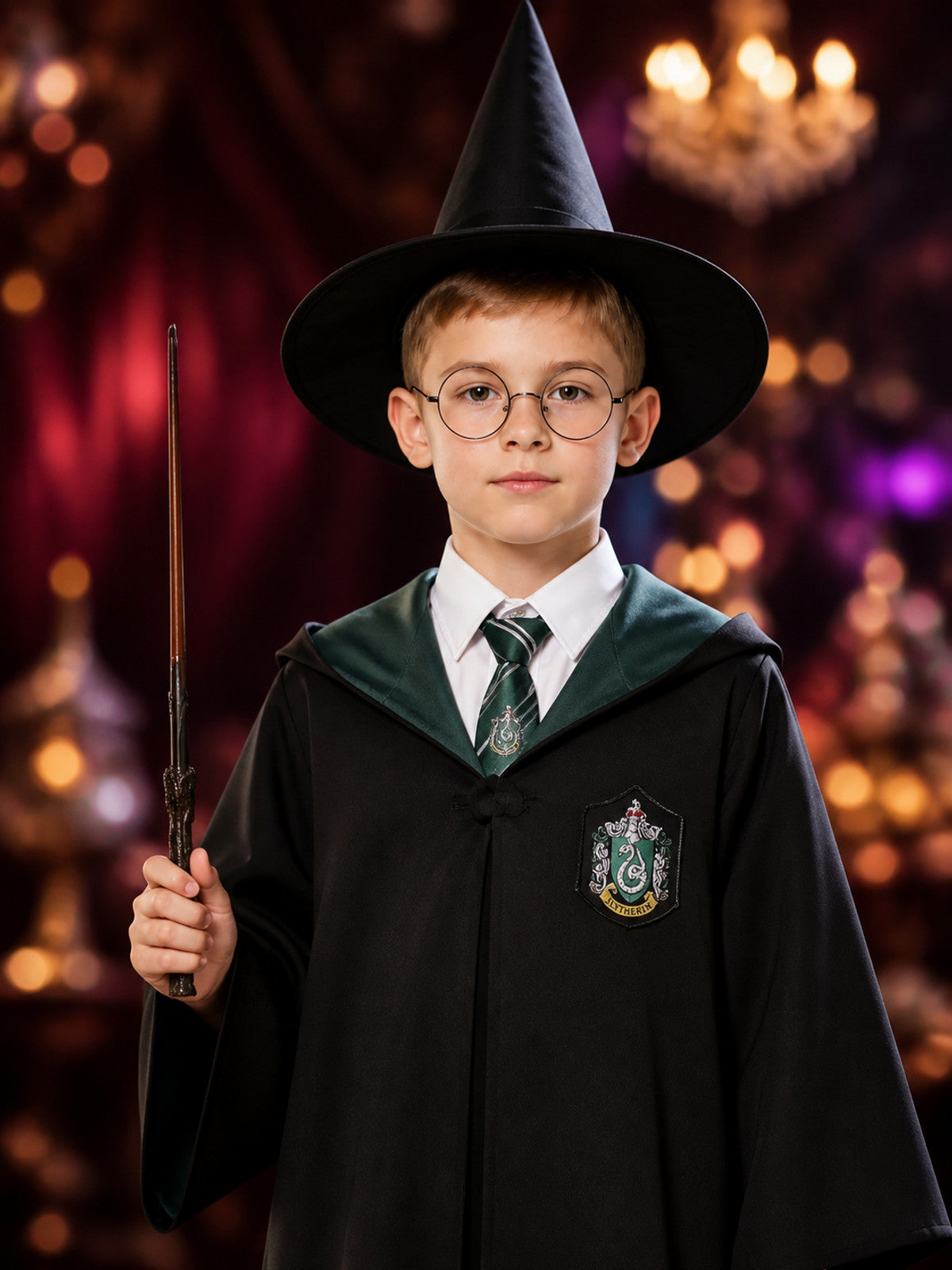 Wizard Costume Set With Hooded Robe, Pointed Hat, Wand, Tie and Round Glasses on-model view