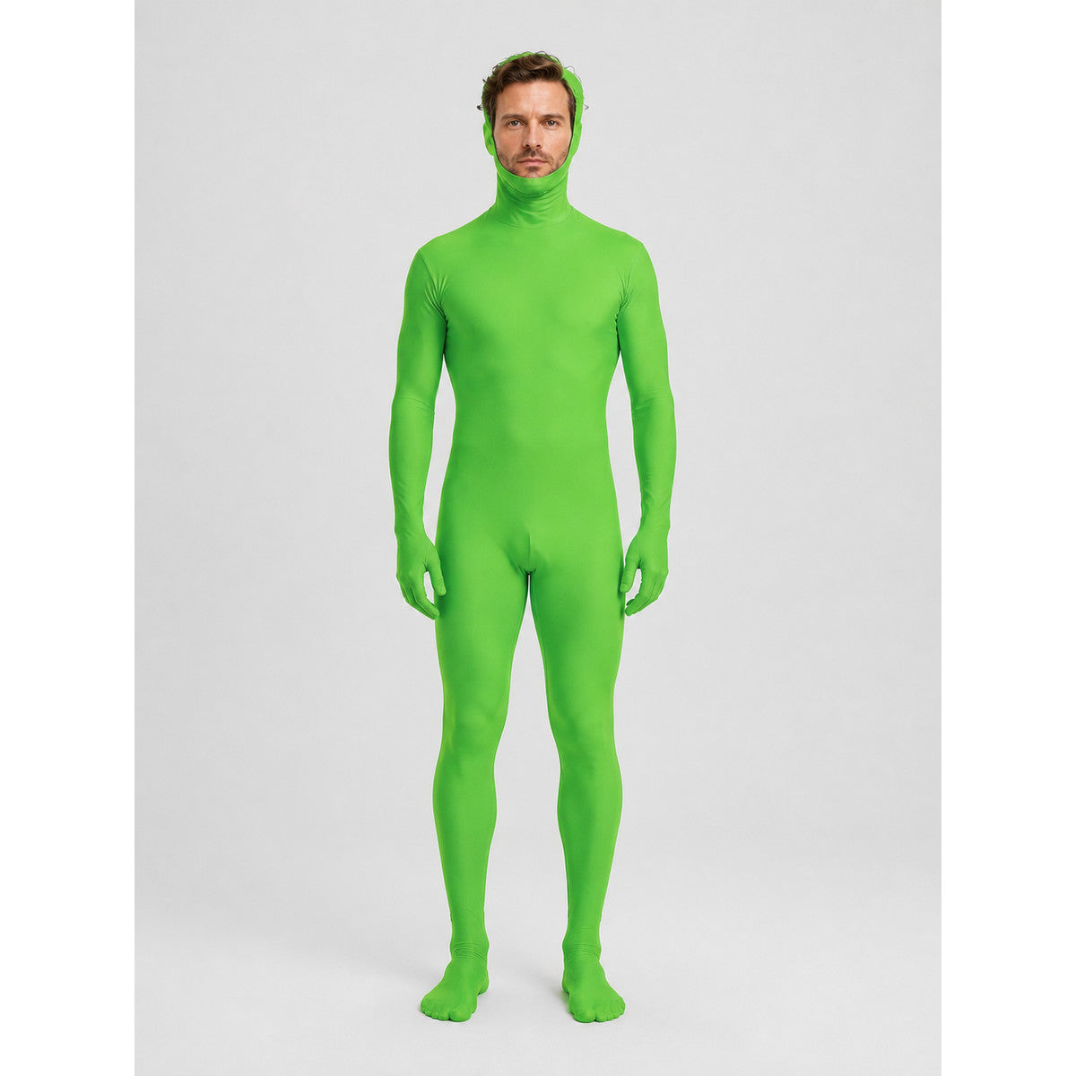 Green skin-tight jumpsuit for chroma key and Halloween on-model view