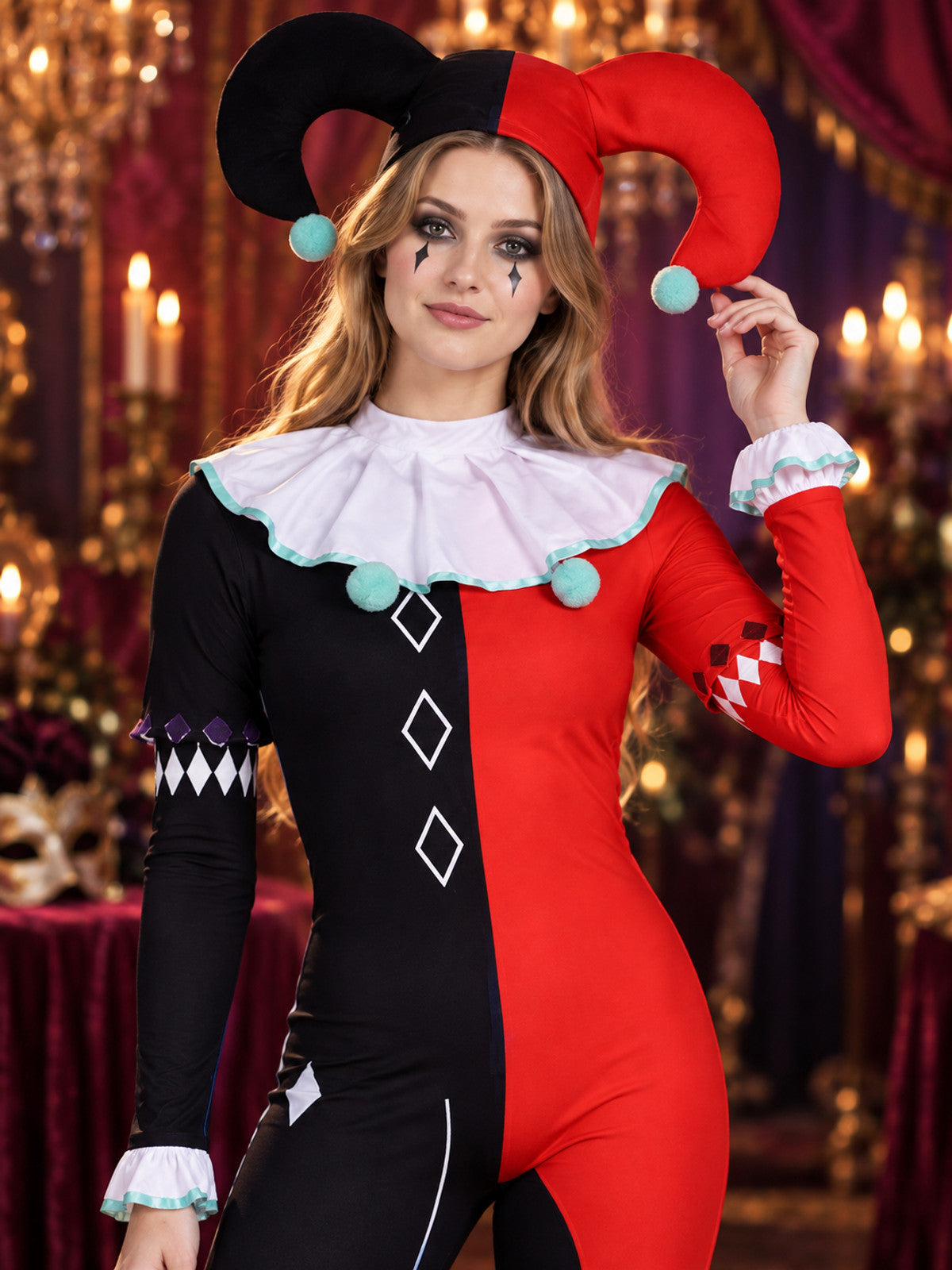 Asymmetrical black, red, and white jester costume with hat