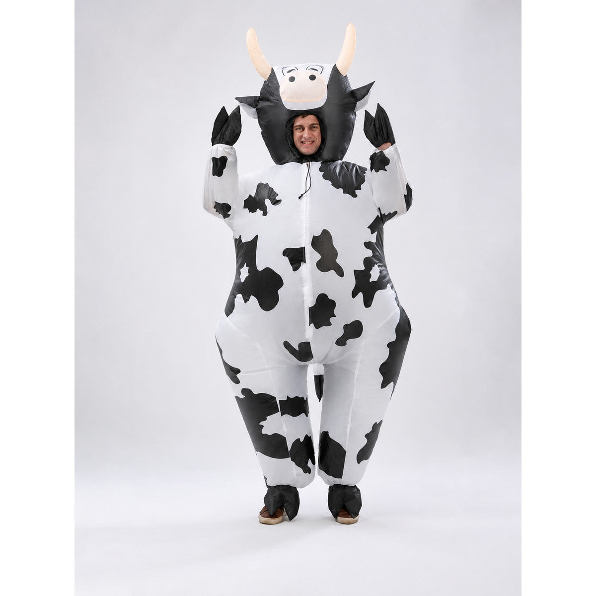 Cow costume jumpsuit with hood on-model view