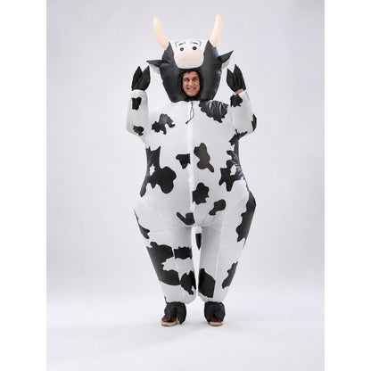 Cow costume jumpsuit with hood on-model view