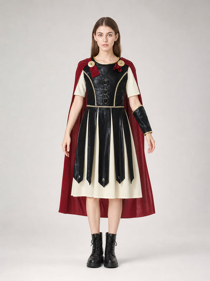 Retro-Style Dress with Red Cape front view