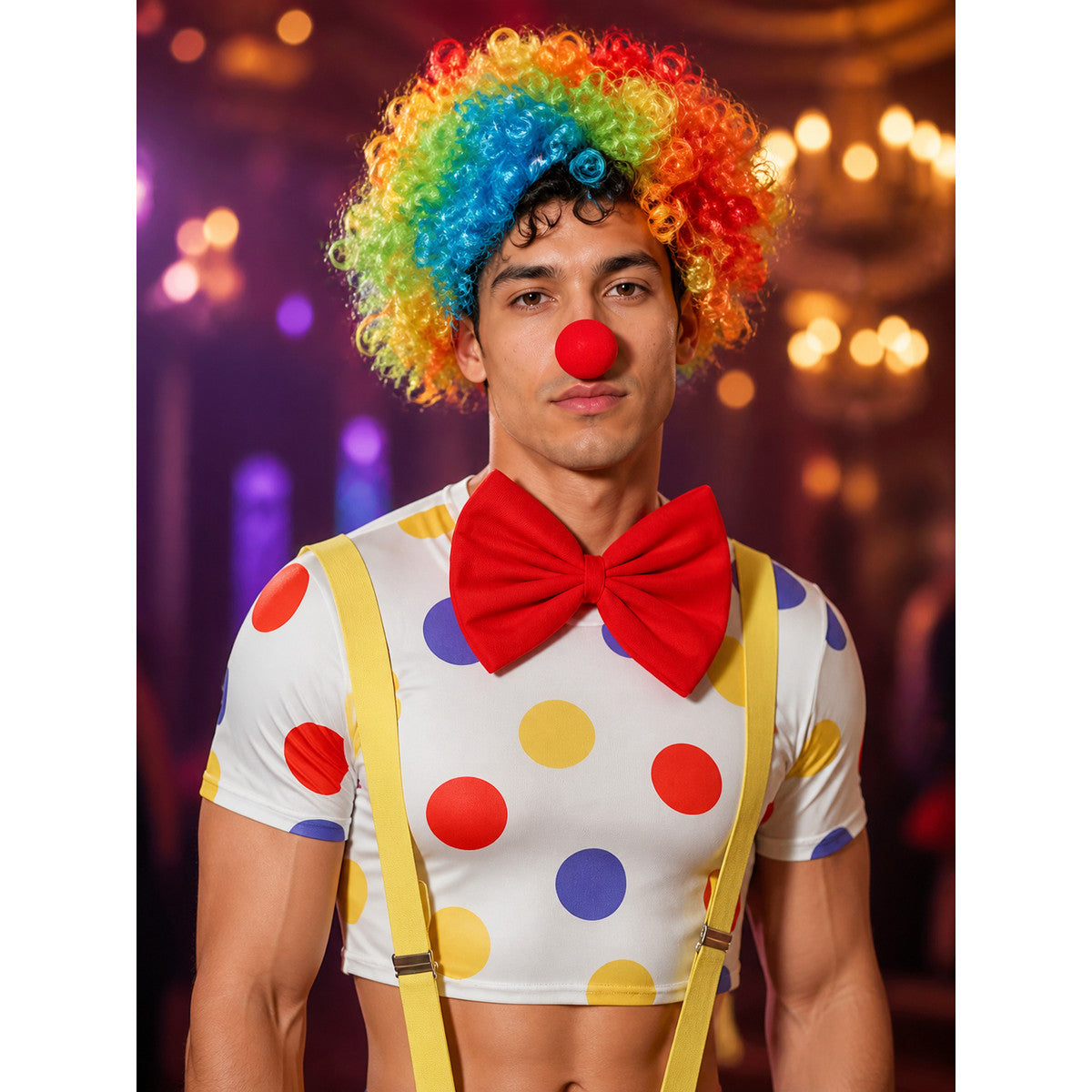 Men's Clown Circus Halloween Costume Set, White Polka Dot Crop Top With on-model view