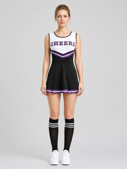 “Cheers” Cheerleading Dress with Striped Knee-High Socks on-model view