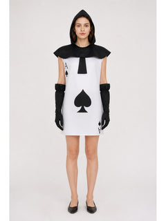 Hooded Card Warrior Costume – Ace of Spades White Tunic with Black Hood & Gloves for Adults