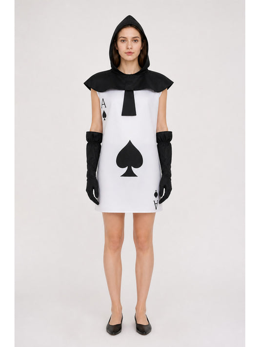 Model wearing the hooded card warrior costume: white ace of spades tunic, black hood with capelet and black gloves, front view