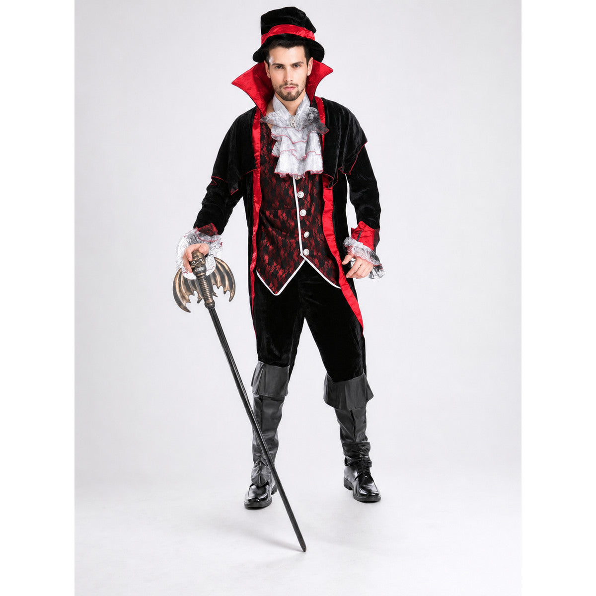 Vampire Carnival Costume with Hat and Cape on-model view