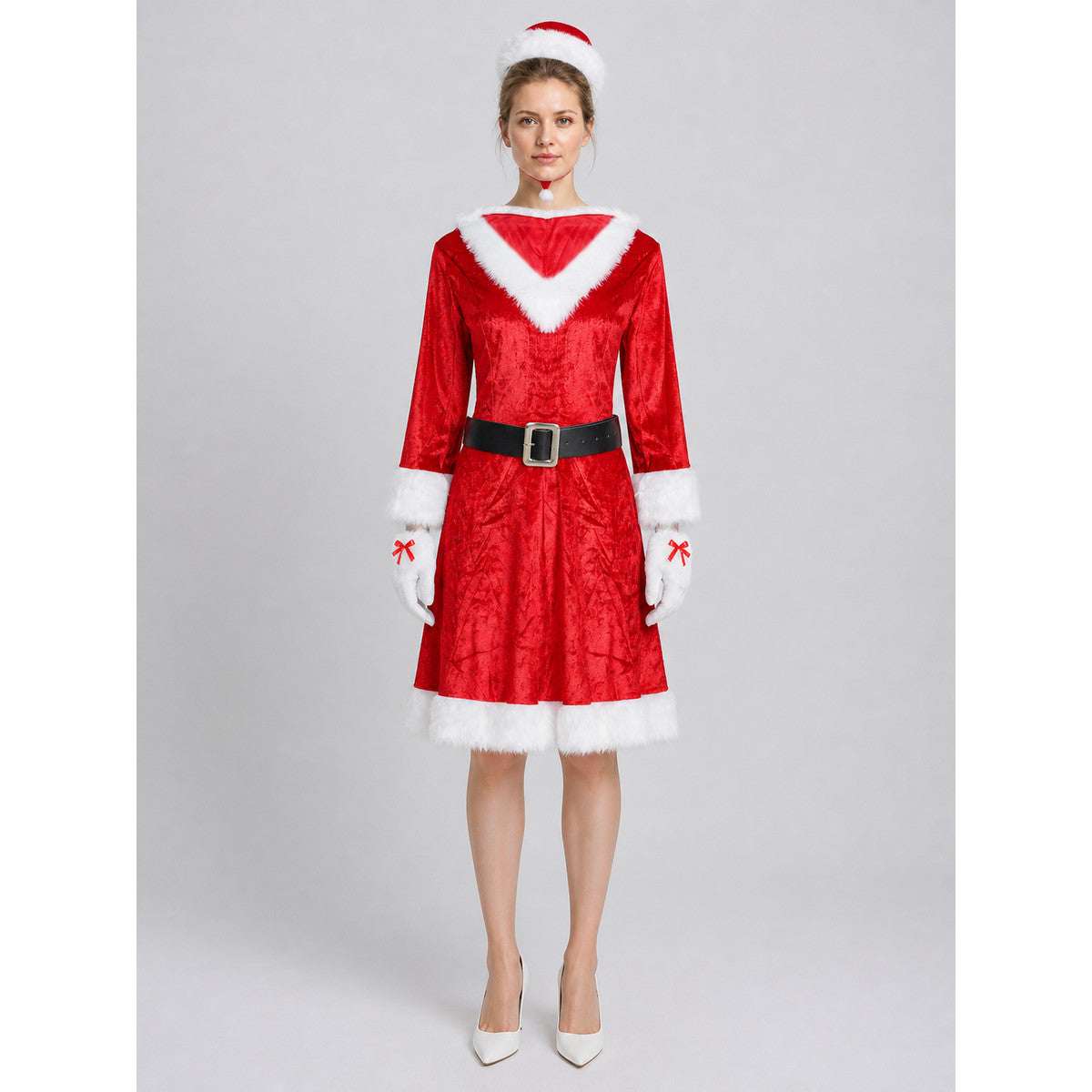 Santa Claus Costume, Red with White Trim and Hat, M-XL on-model view