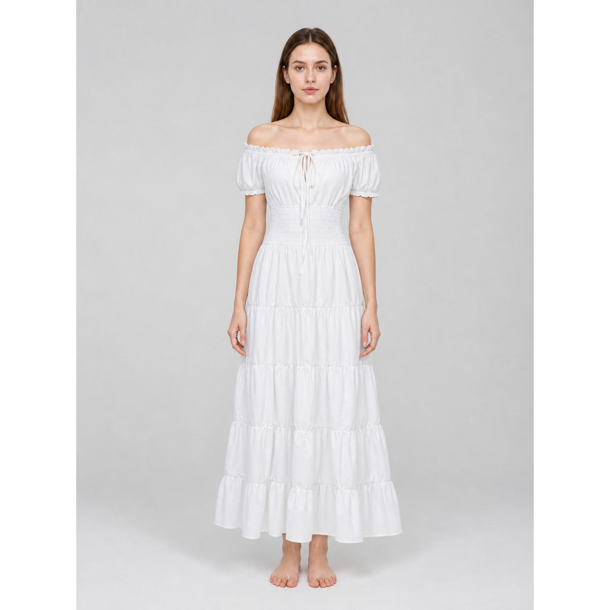 White Off-the-Shoulder Dress with Tiered Skirt