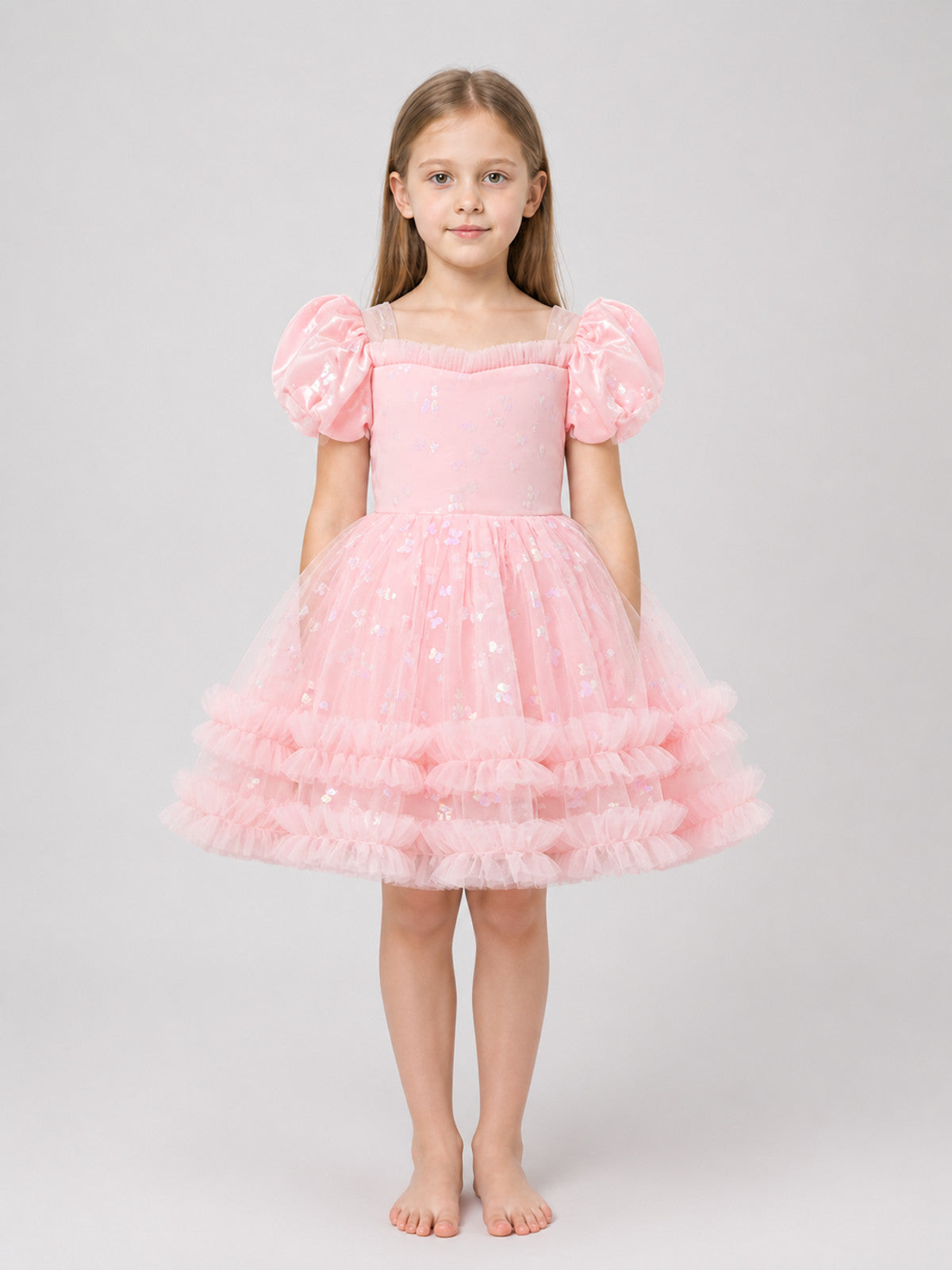 Pink Girls’ Princess Dress with Puff Sleeves