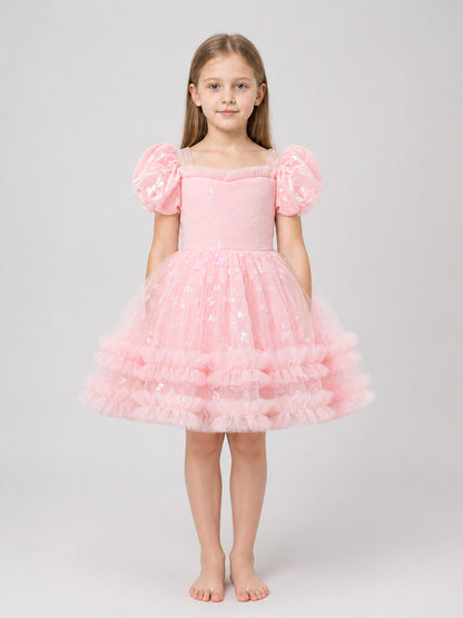 Pink Girls’ Princess Dress with Puff Sleeves