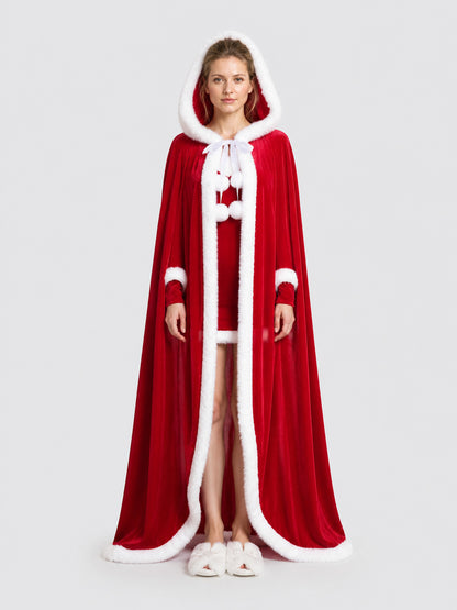 Red Hooded Cape with White Trim on-model view