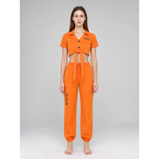 Prisoner Cosplay Costume: Top, Pants, Handcuffs front view