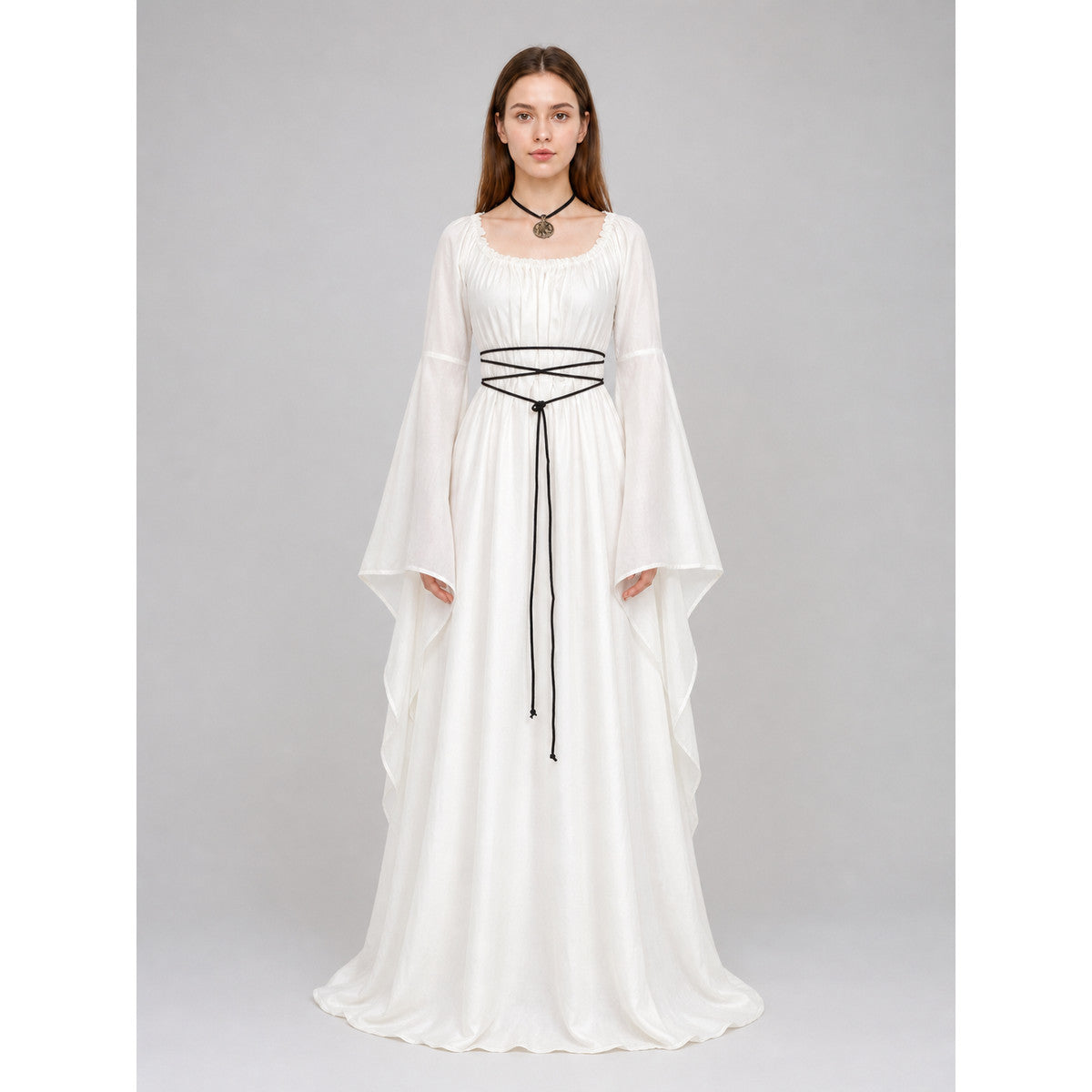 White Long Dress with Black Lacing on-model view