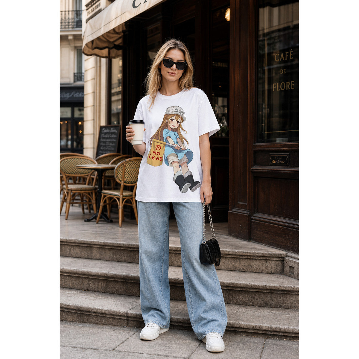 Anime T-Shirt with "Cells at Work!" Print on-model view