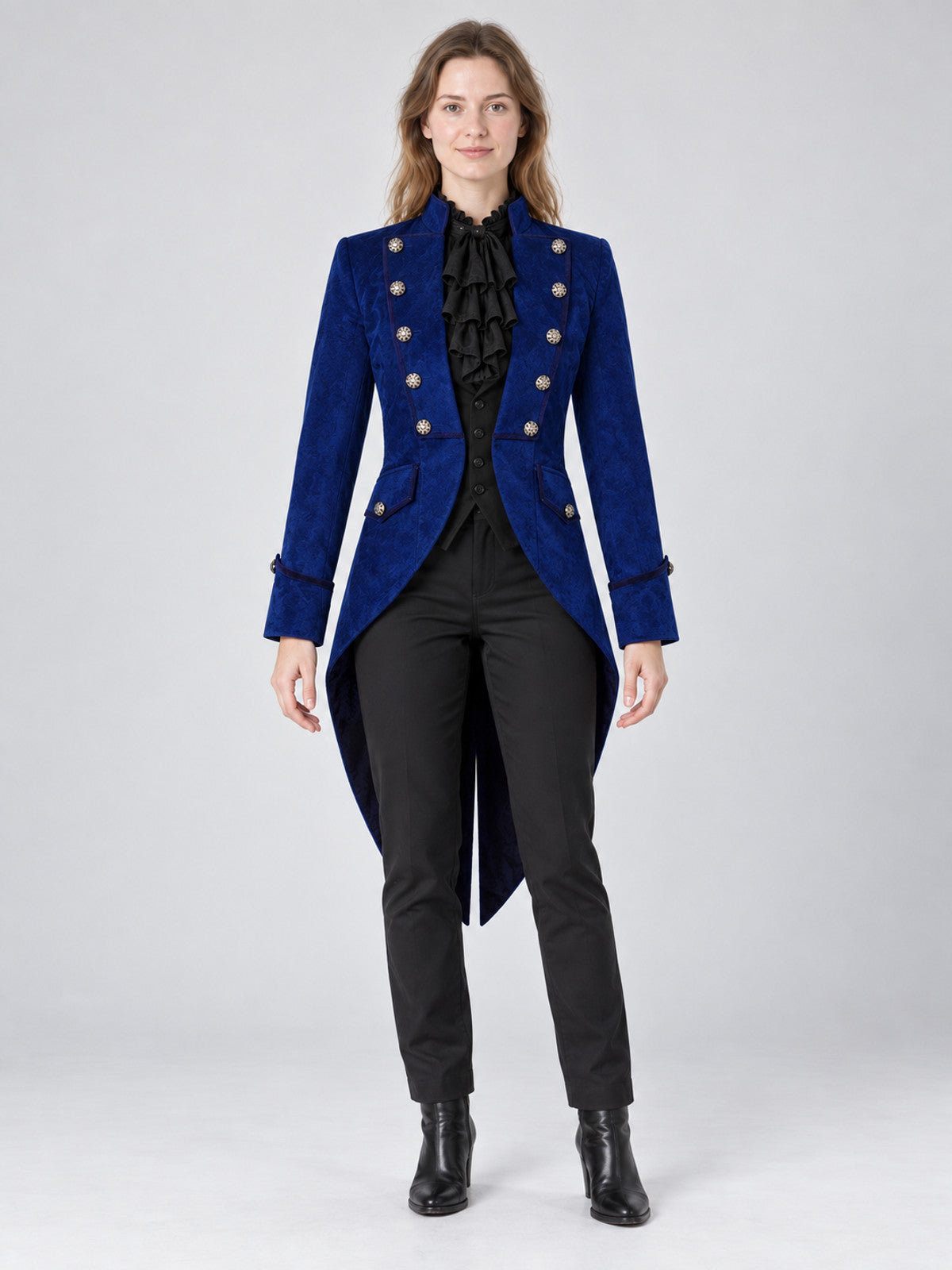 Blue long tailcoat with a stand collar and buttons