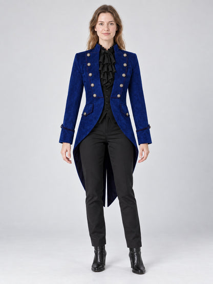 Blue long tailcoat with a stand collar and buttons