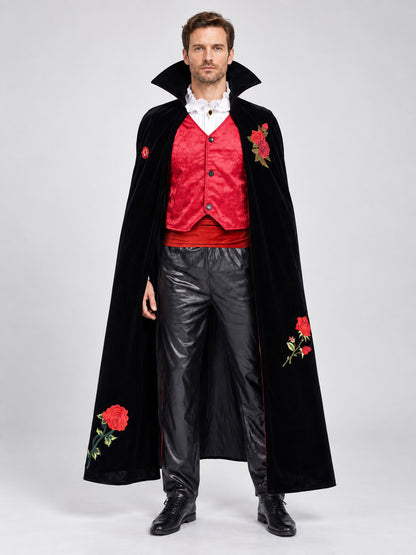 Vampire Costume with Long Cape and Red Roses on-model view