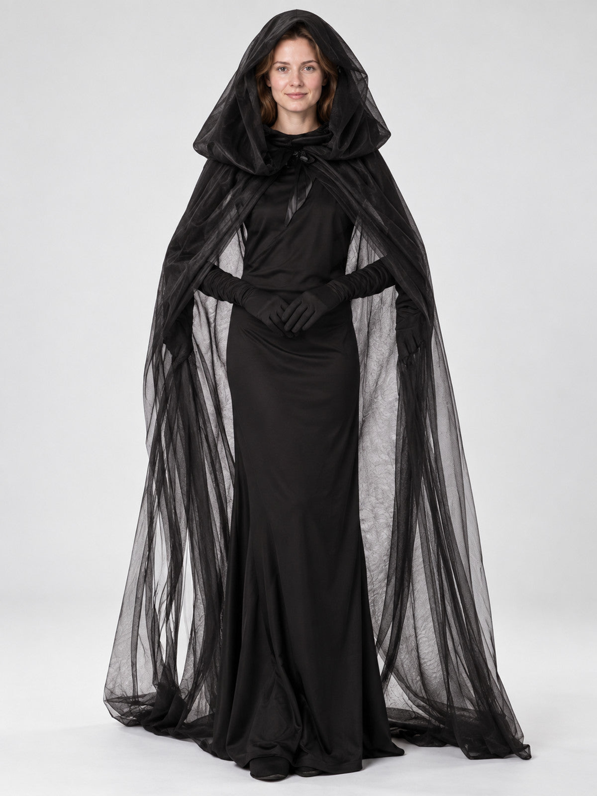 Halloween Costume: Black Dress, Cape, and Gloves