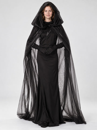 Halloween Costume: Black Dress, Cape, and Gloves