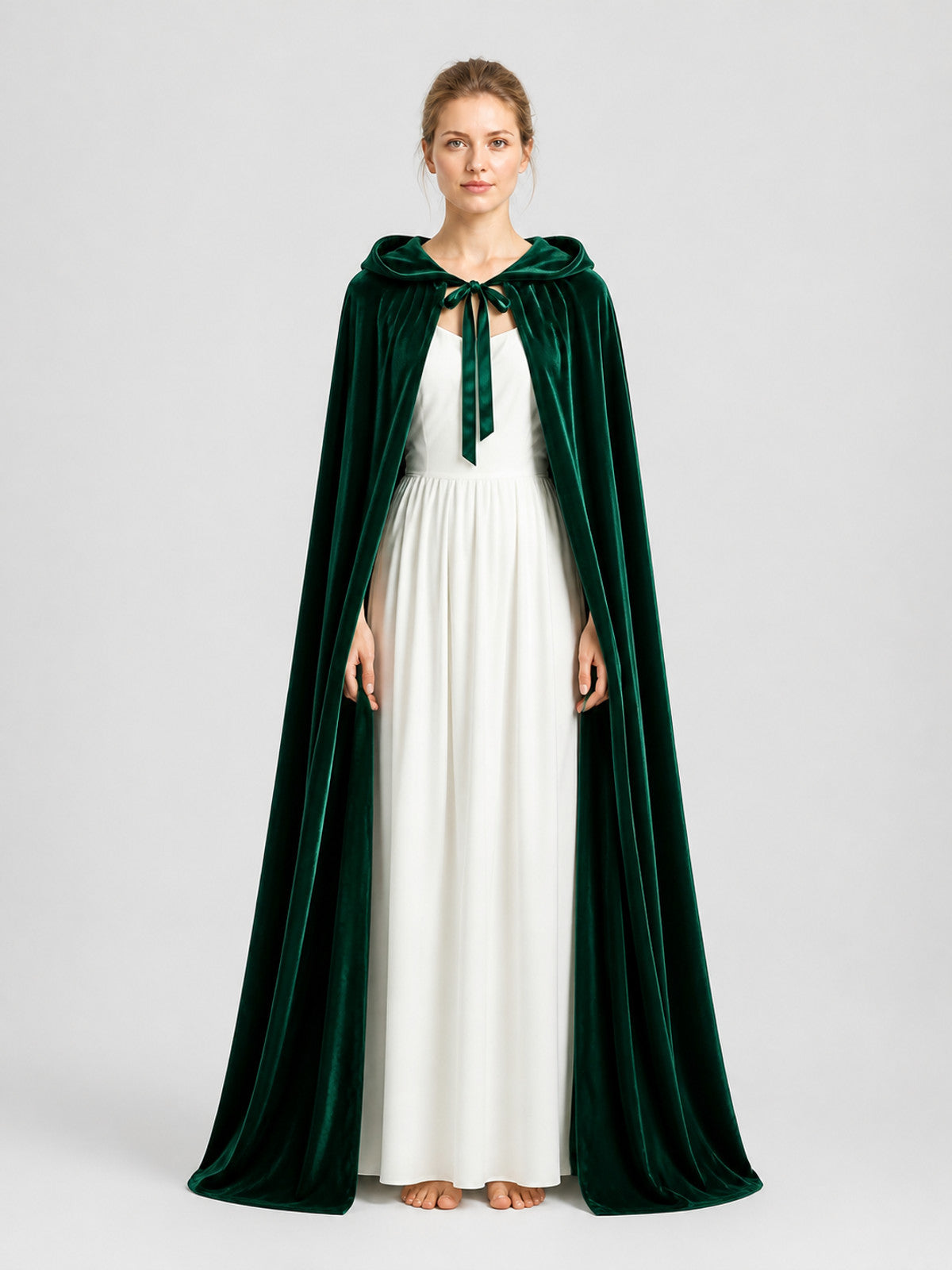 Long Dark Green Hooded Cosplay Cloak on-model view